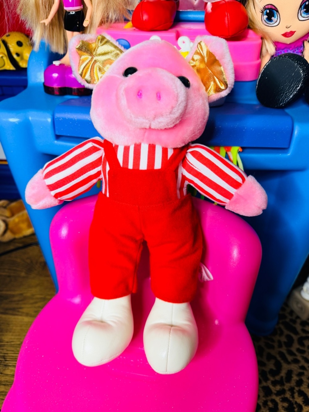 90s Pink Plush Pig in Red Overalls